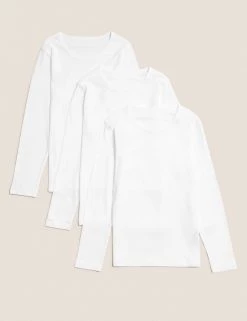 M&S Collection Underwear 3pk Pure Cotton Long Sleeve Vests (2-16 Yrs)
