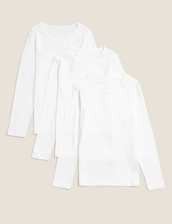 M&S Collection Underwear 3pk Pure Cotton Long Sleeve Vests (2-16 Yrs) 3 M&S Collection Underwear 3pk Pure Cotton Long Sleeve Vests (2-16 Yrs)