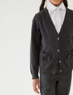 M&S Collection Cardigans Girls’ Pure Cotton Bow Pocket School Cardigan (3-18 Yrs) -School Uniform Sales Store SD 04 T76 1373 T0 X EC 1
